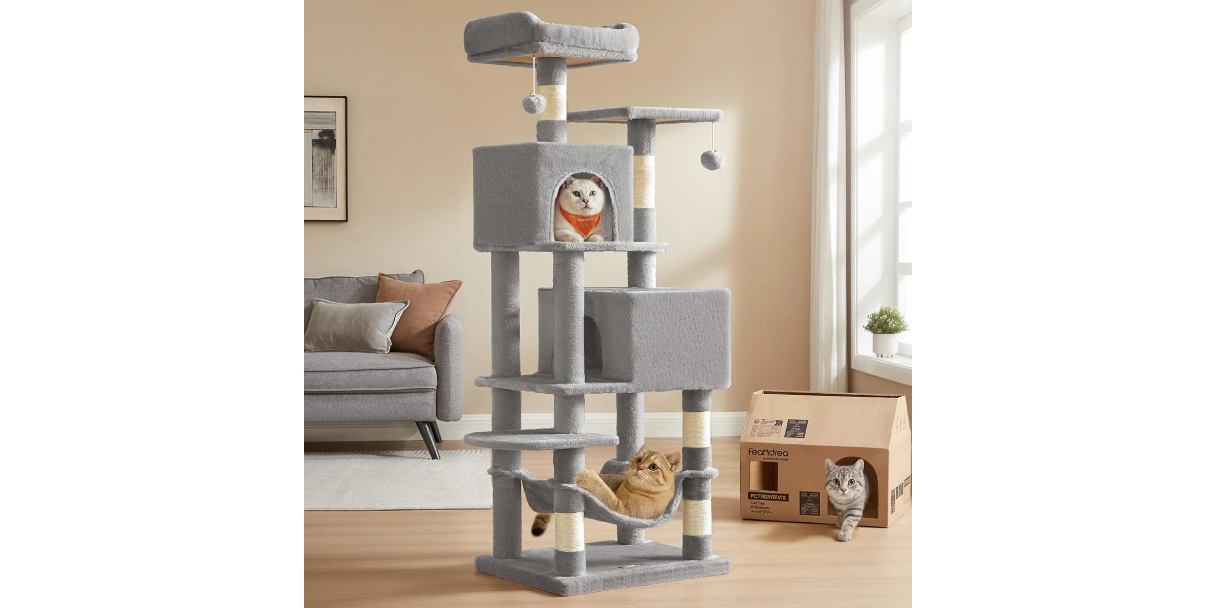 Feandrea 61-Inch Multi-Level Cat Tree with 2 Perches & 2 Caves